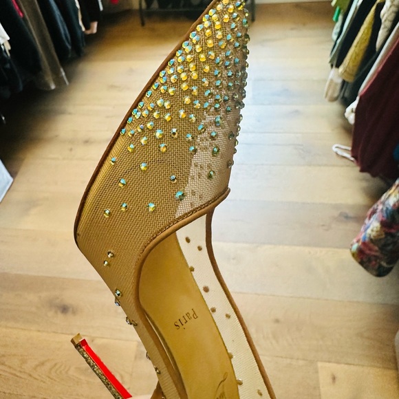 Christian Louboutin Beige Blue Crystal Embellished Mesh Follies Pumps Size 41 - Picture 9 of 16